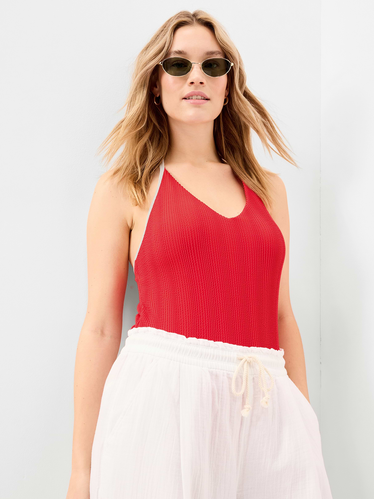 Pique V-Neck Halter Swimsuit - Amaryllis