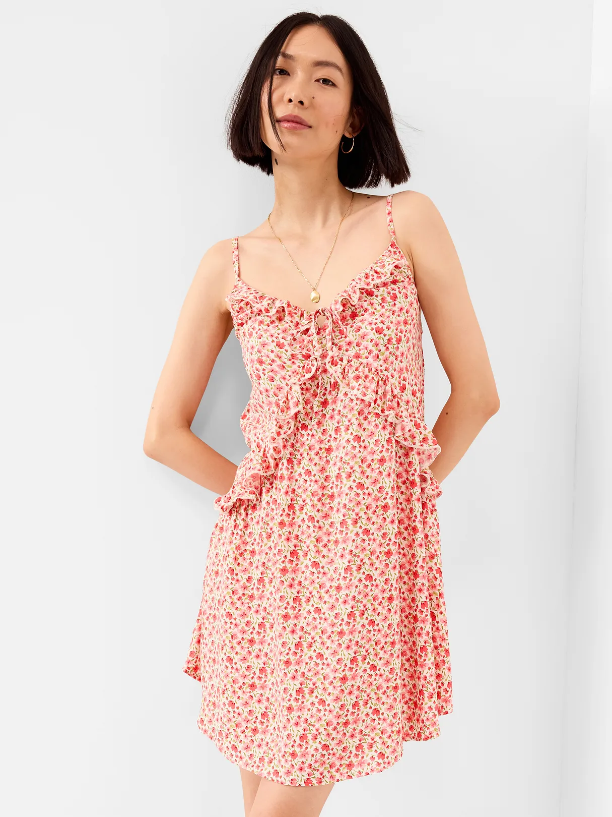 Ruffle-Trim Asymmetrical Mini Dress - Pink Ditsy Floral