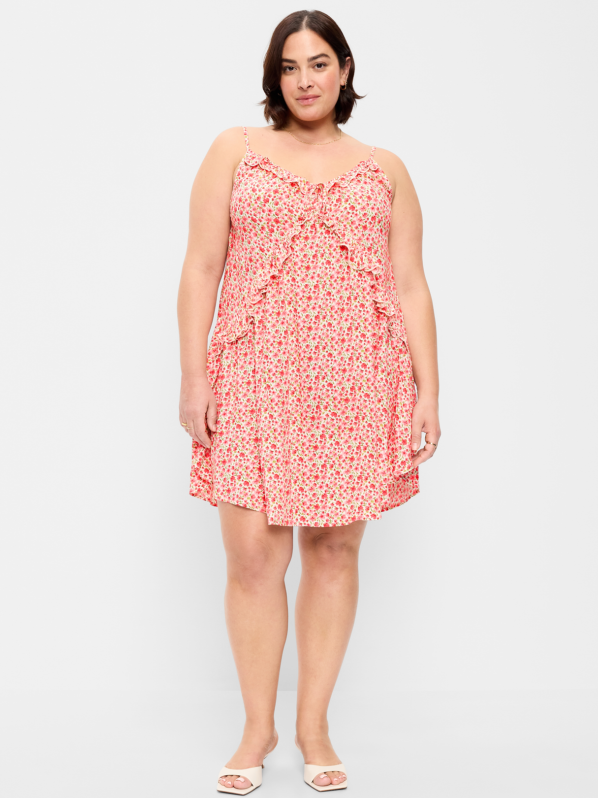 Ruffle-Trim Asymmetrical Mini Dress - Pink Ditsy Floral