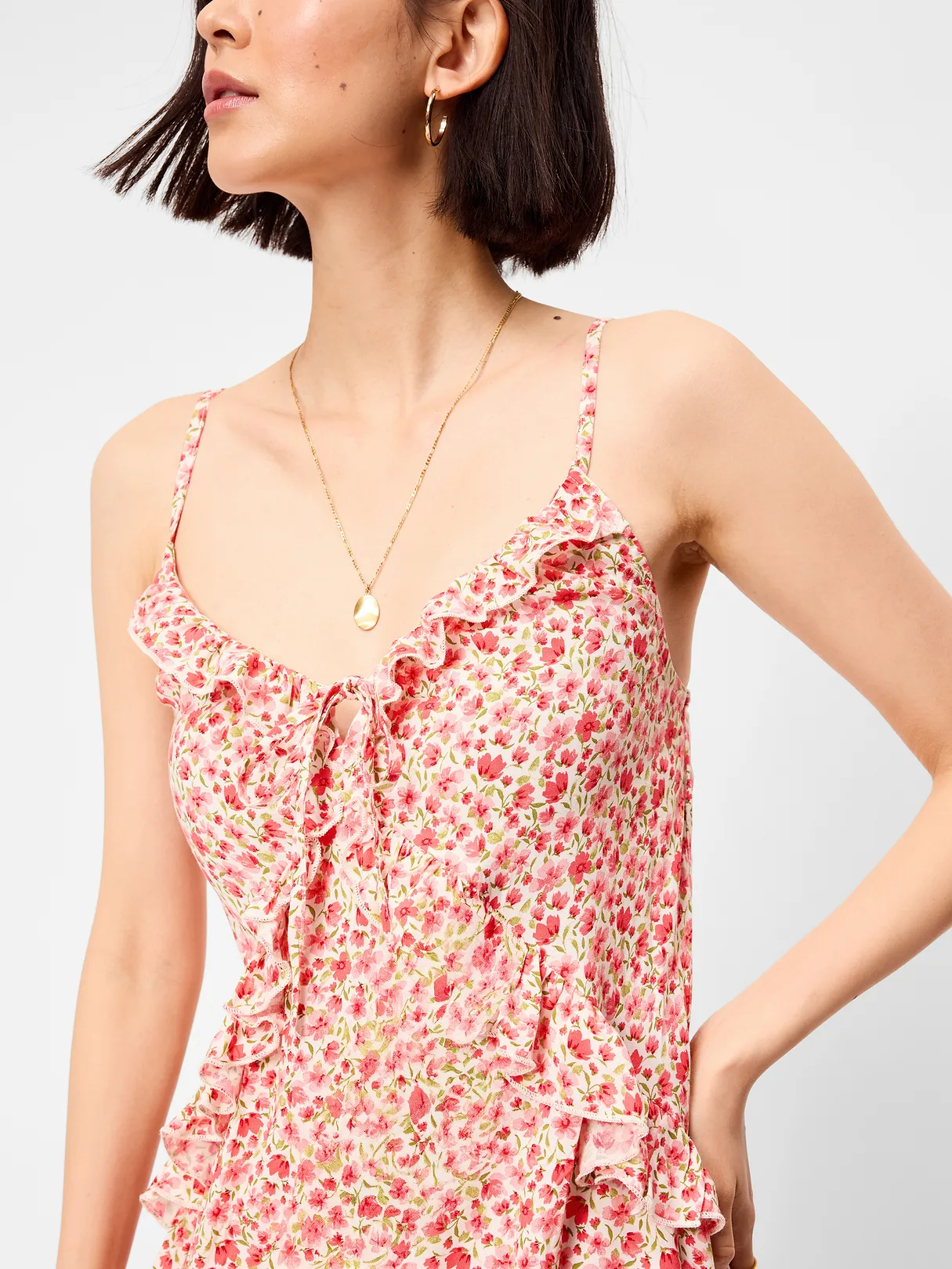 Ruffle-Trim Asymmetrical Mini Dress - Pink Ditsy Floral