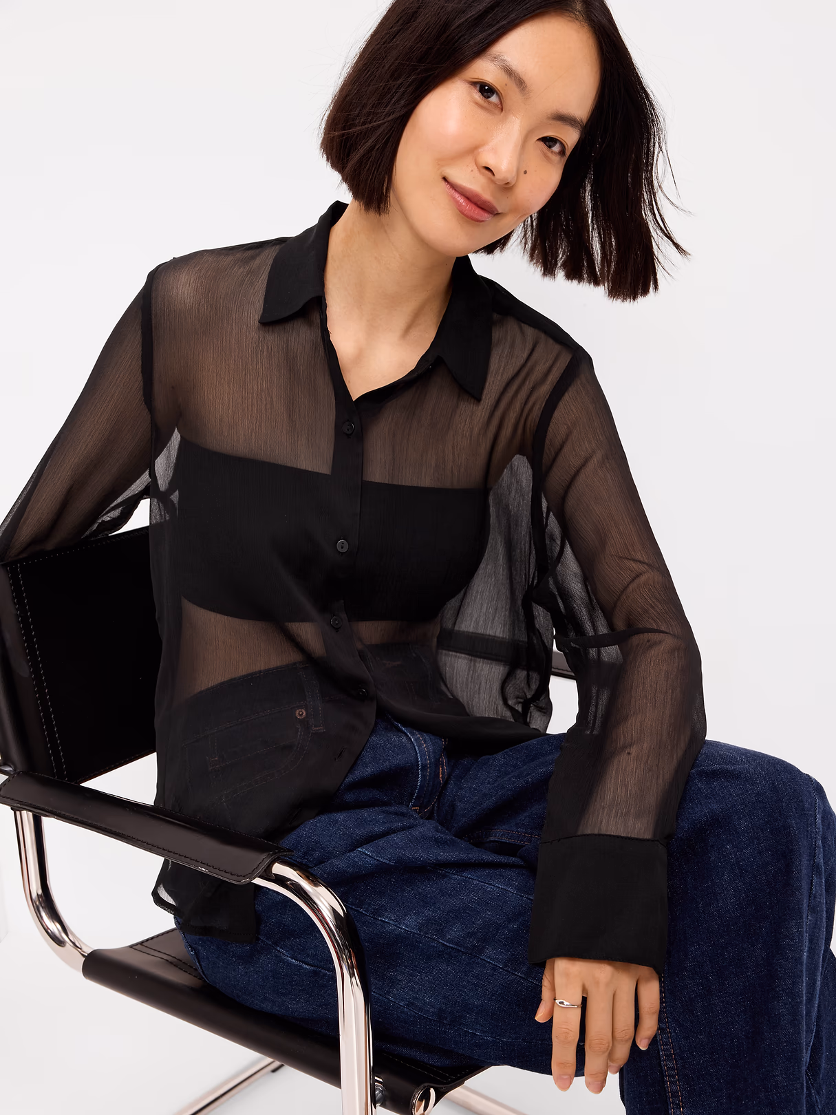 Chiffon Sheer Button-Down Shirt - Black Jack