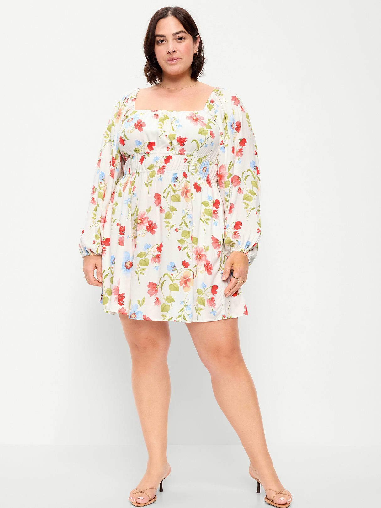 Long-Sleeve Square-Neck Mini Dress - White Floral
