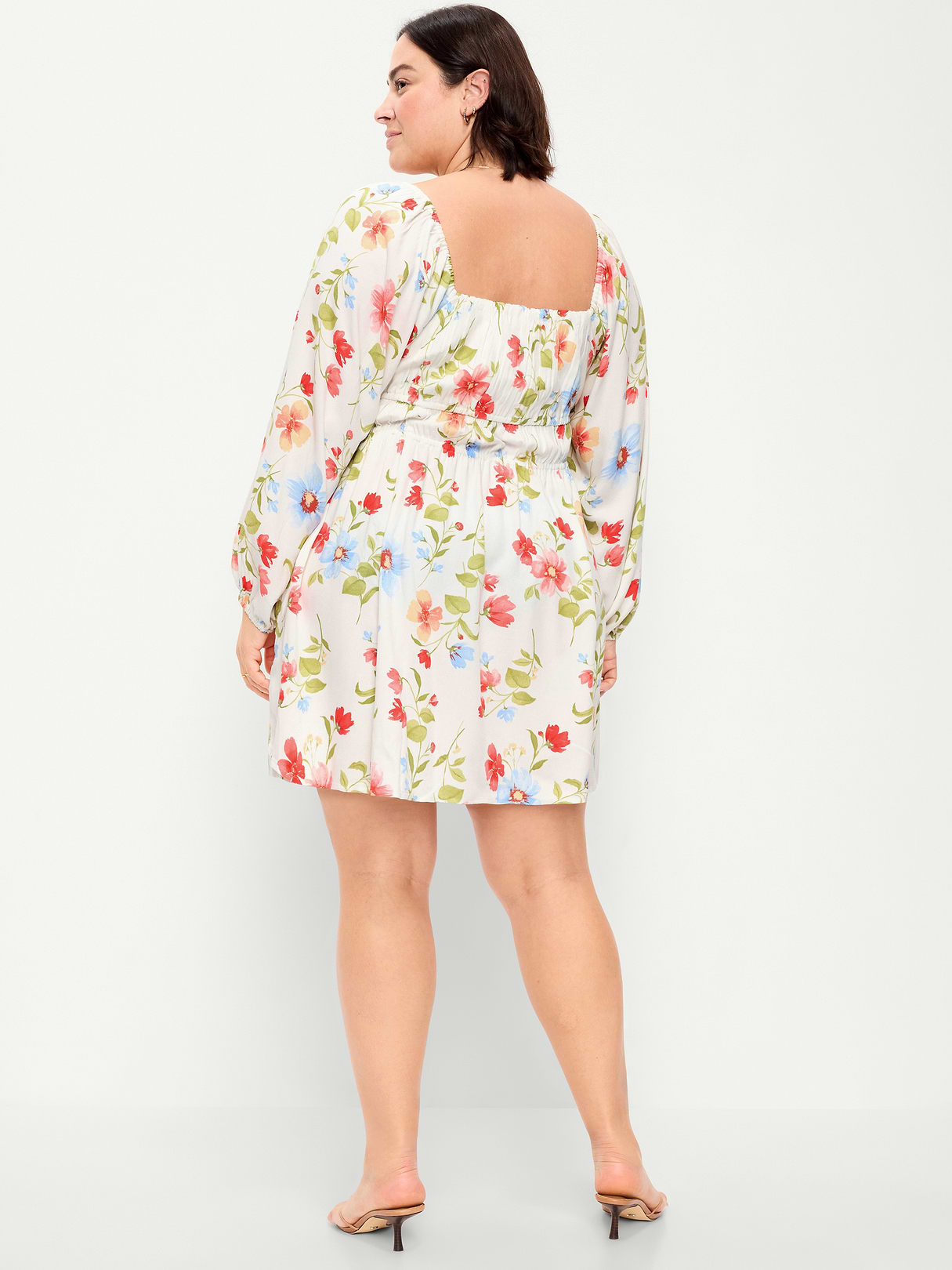 Long-Sleeve Square-Neck Mini Dress - White Floral
