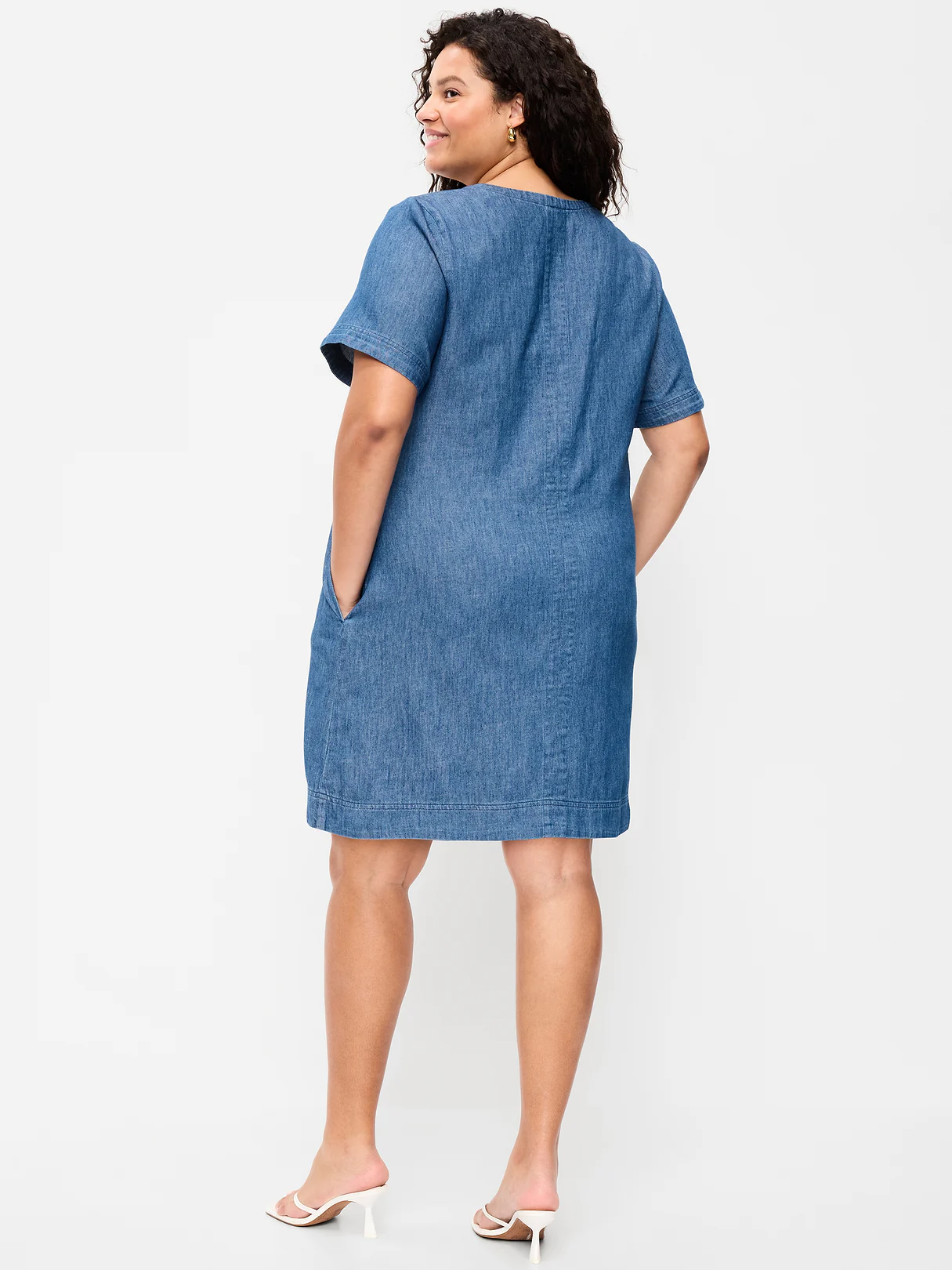 Short-Sleeve Linen-Blend Mini Shift Dress - Medium Wash