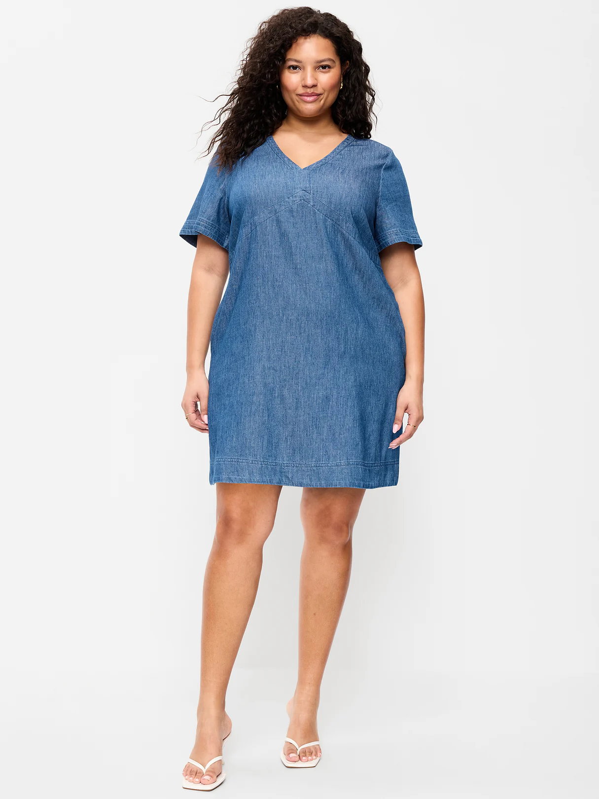 Short-Sleeve Linen-Blend Mini Shift Dress - Medium Wash