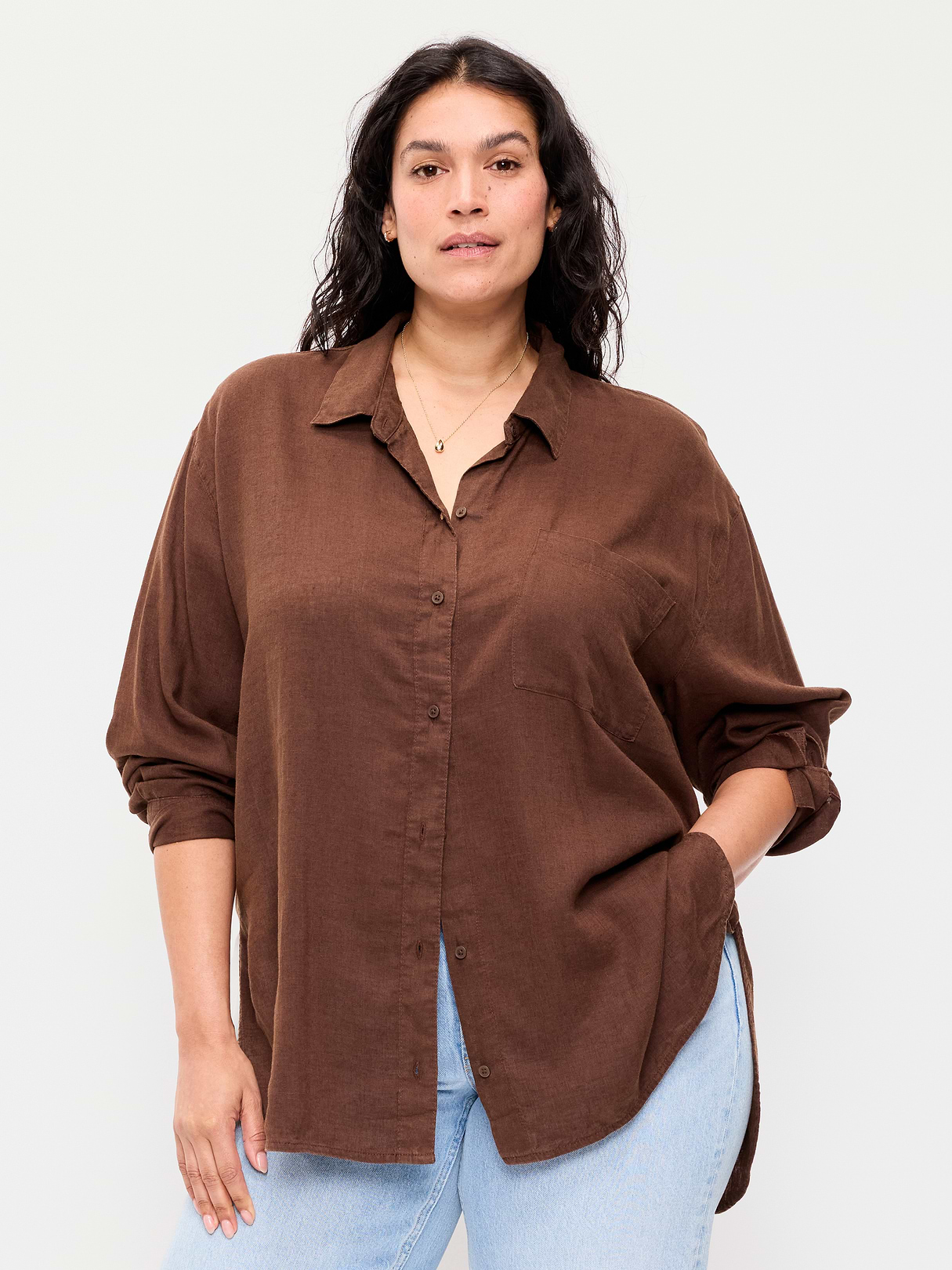 Linen-Blend Loose Button-Down Shirt - Peppercorn