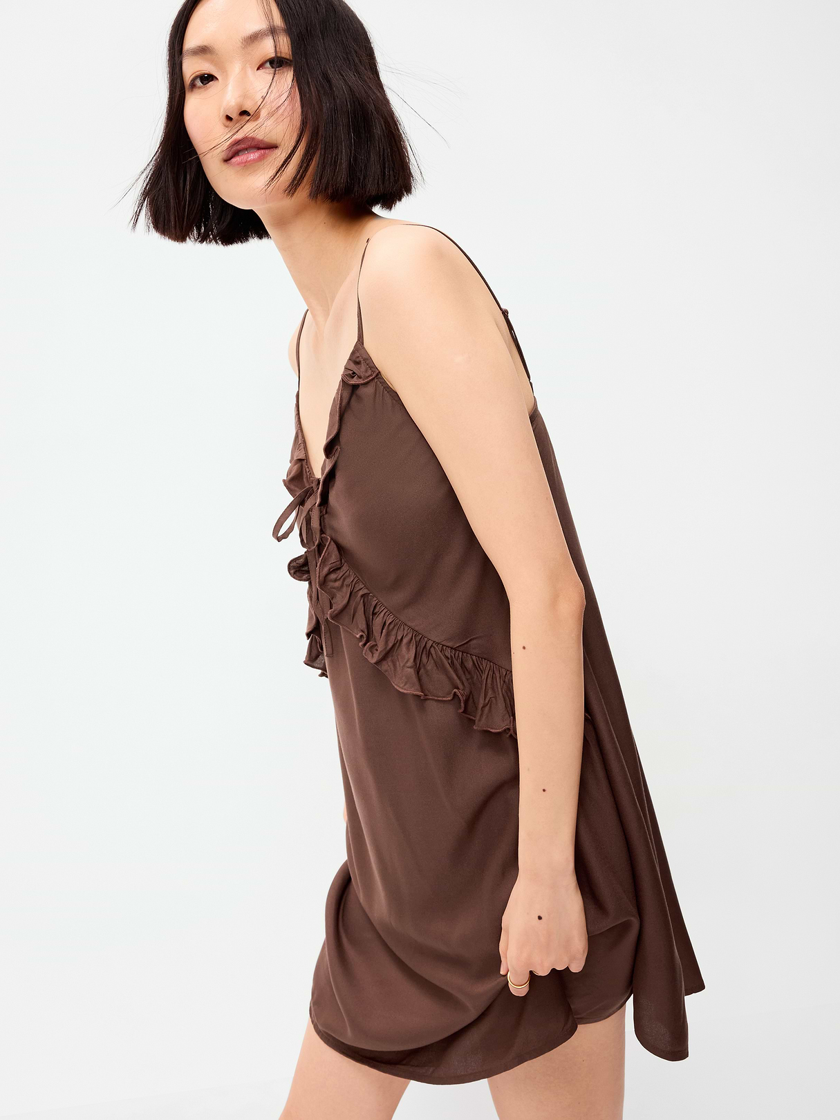 Ruffle-Trim Asymmetrical Mini Dress - Peppercorn
