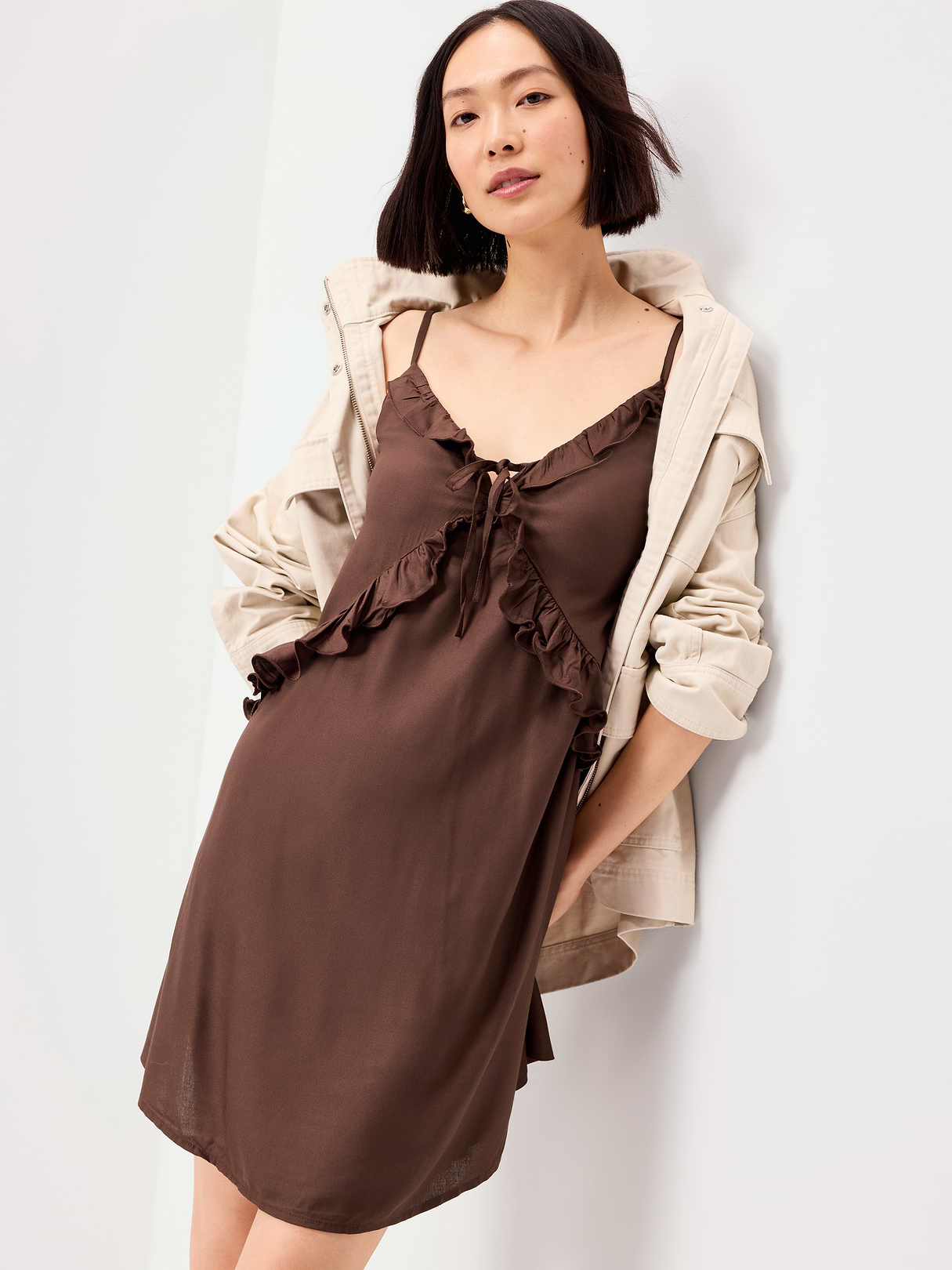 Ruffle-Trim Asymmetrical Mini Dress - Peppercorn