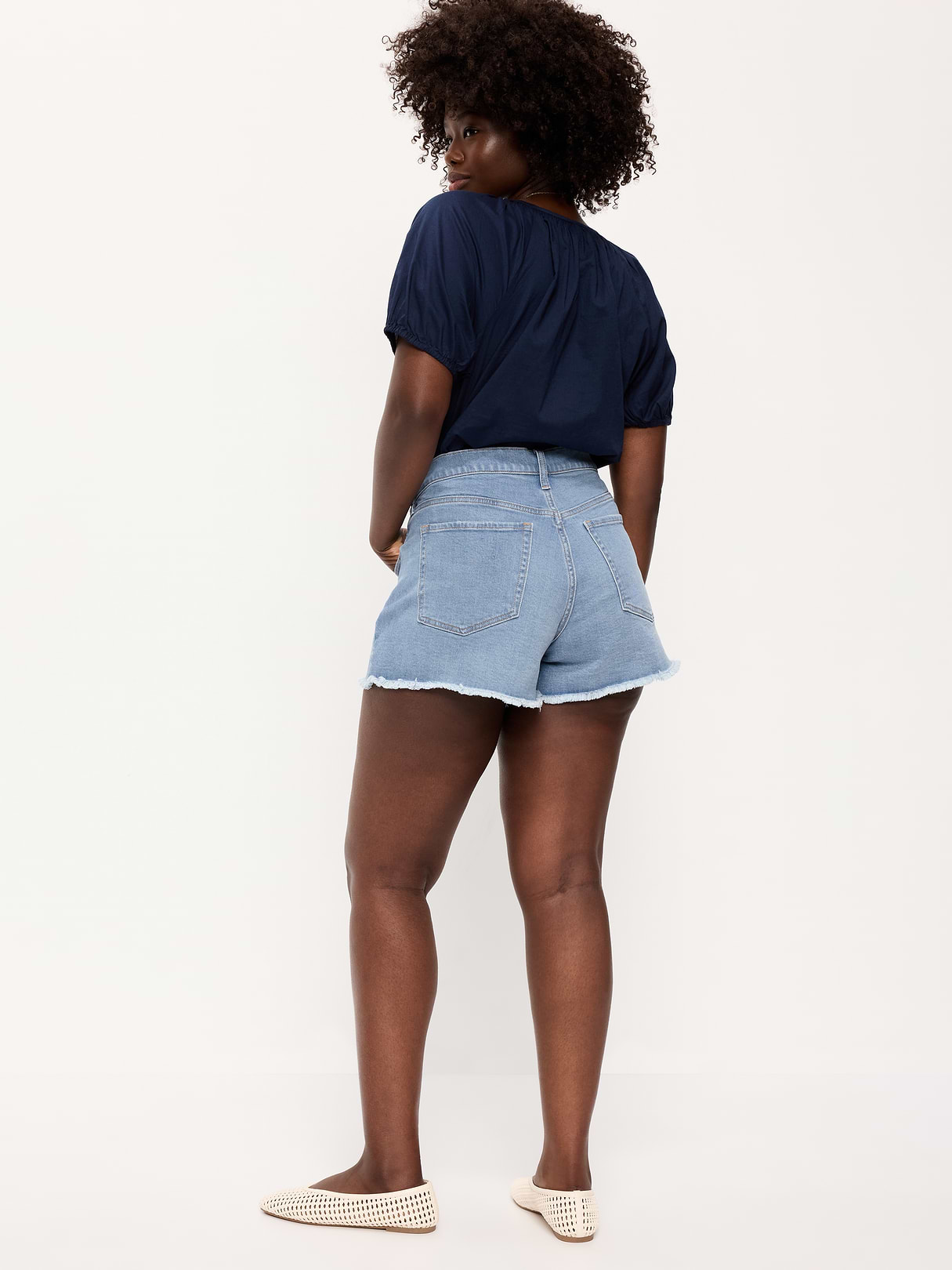 Curvy High-Waisted OG Jean Cut-Off Shorts -- 4-inch inseam - Indigo Shreds