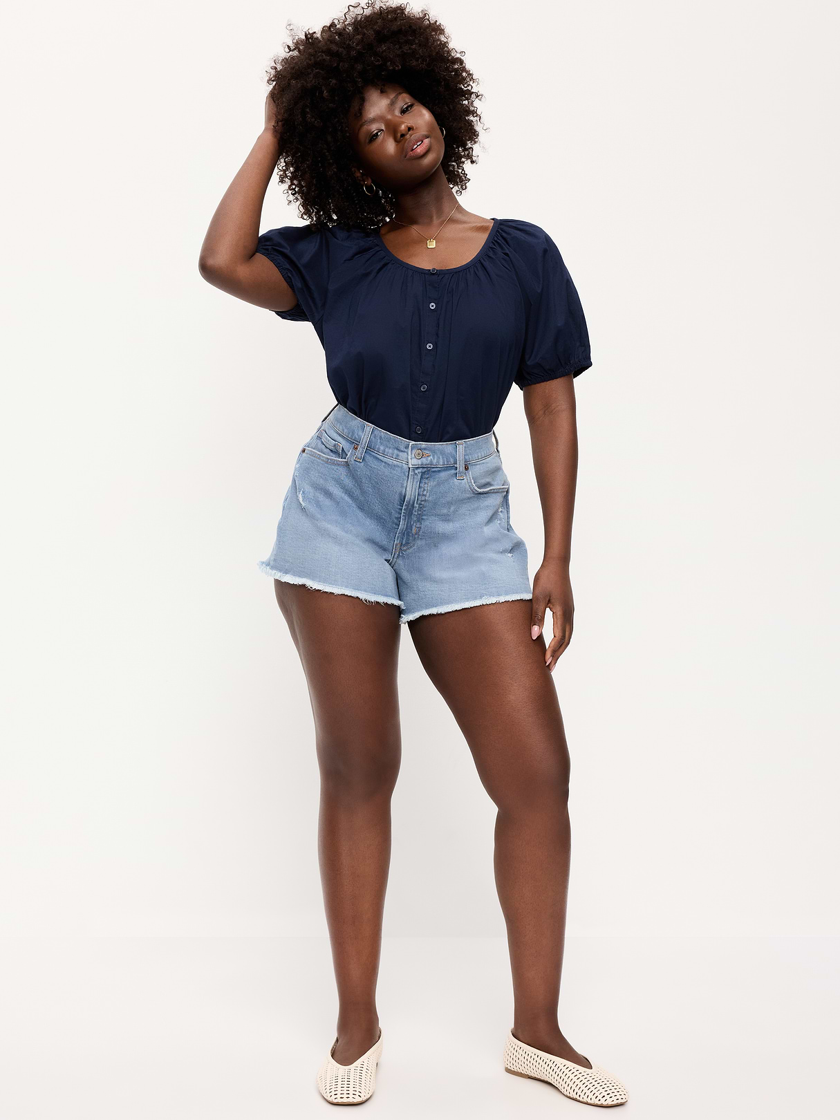 Curvy High-Waisted OG Jean Cut-Off Shorts -- 4-inch inseam - Indigo Shreds