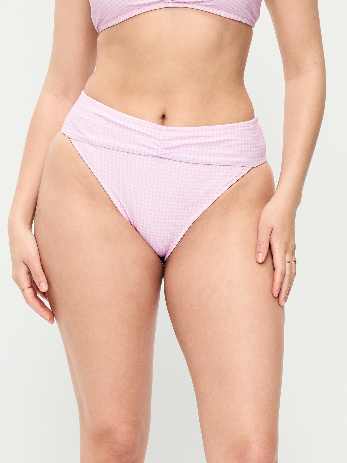 High-Waisted Cinched Bikini Swim Bottoms - Purple Gingham