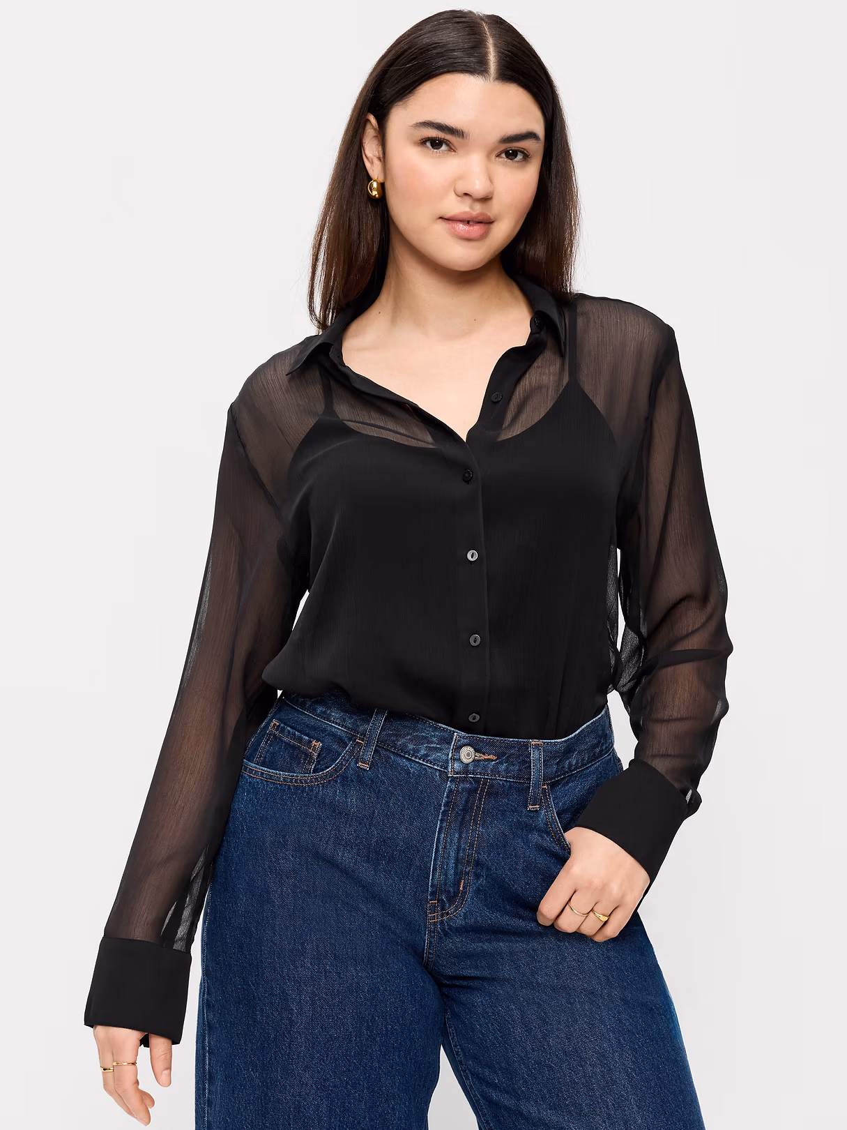 Chiffon Sheer Button-Down Shirt - Black Jack