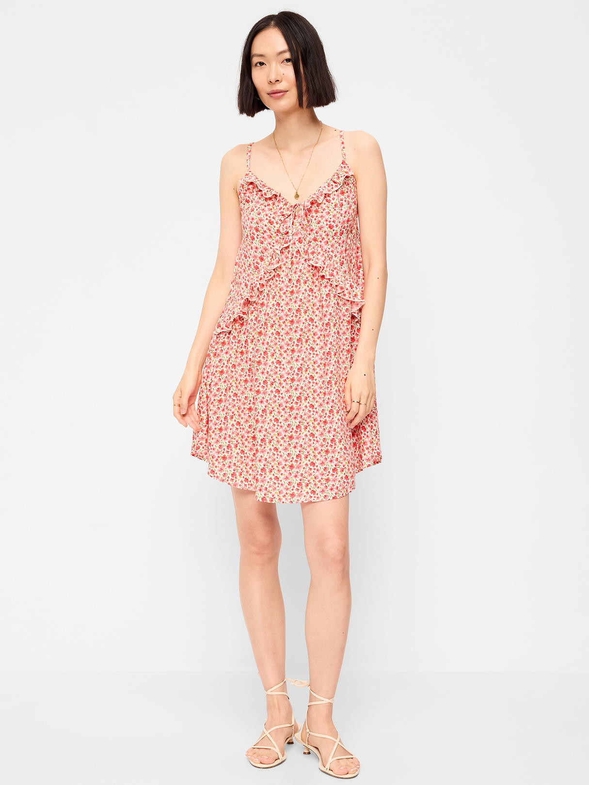 Ruffle-Trim Asymmetrical Mini Dress - Pink Ditsy Floral