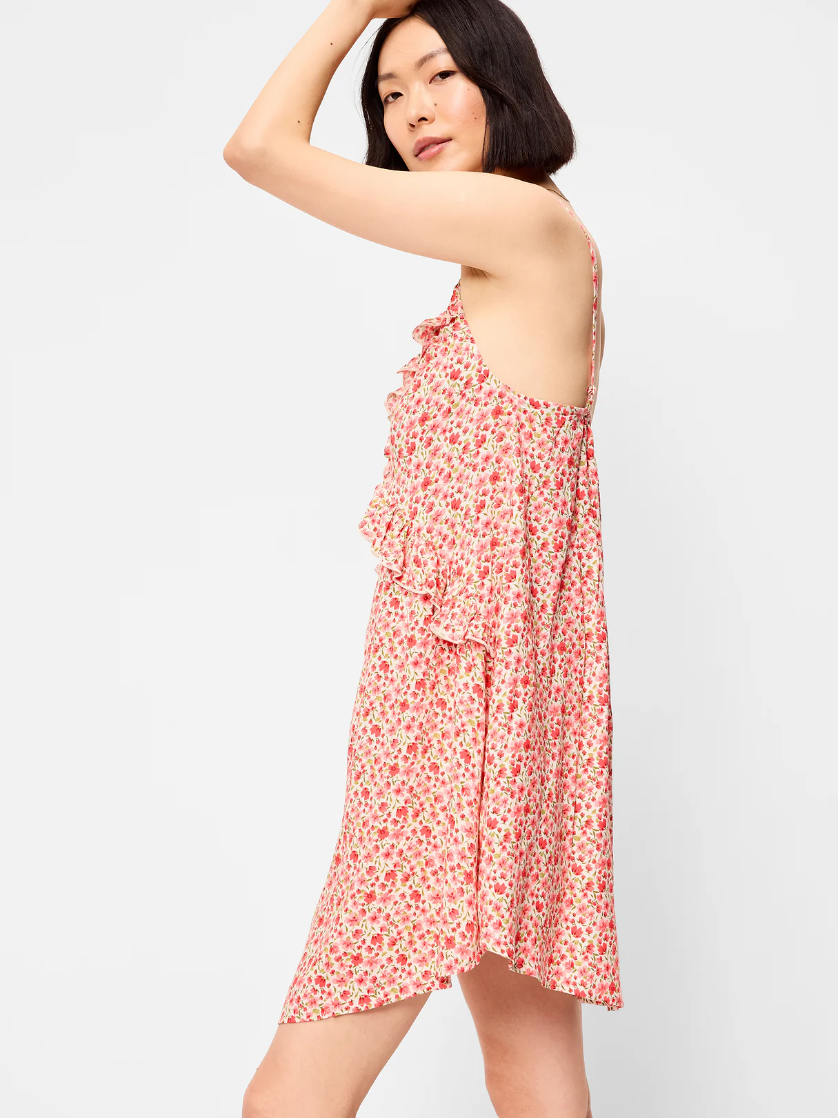 Ruffle-Trim Asymmetrical Mini Dress - Pink Ditsy Floral