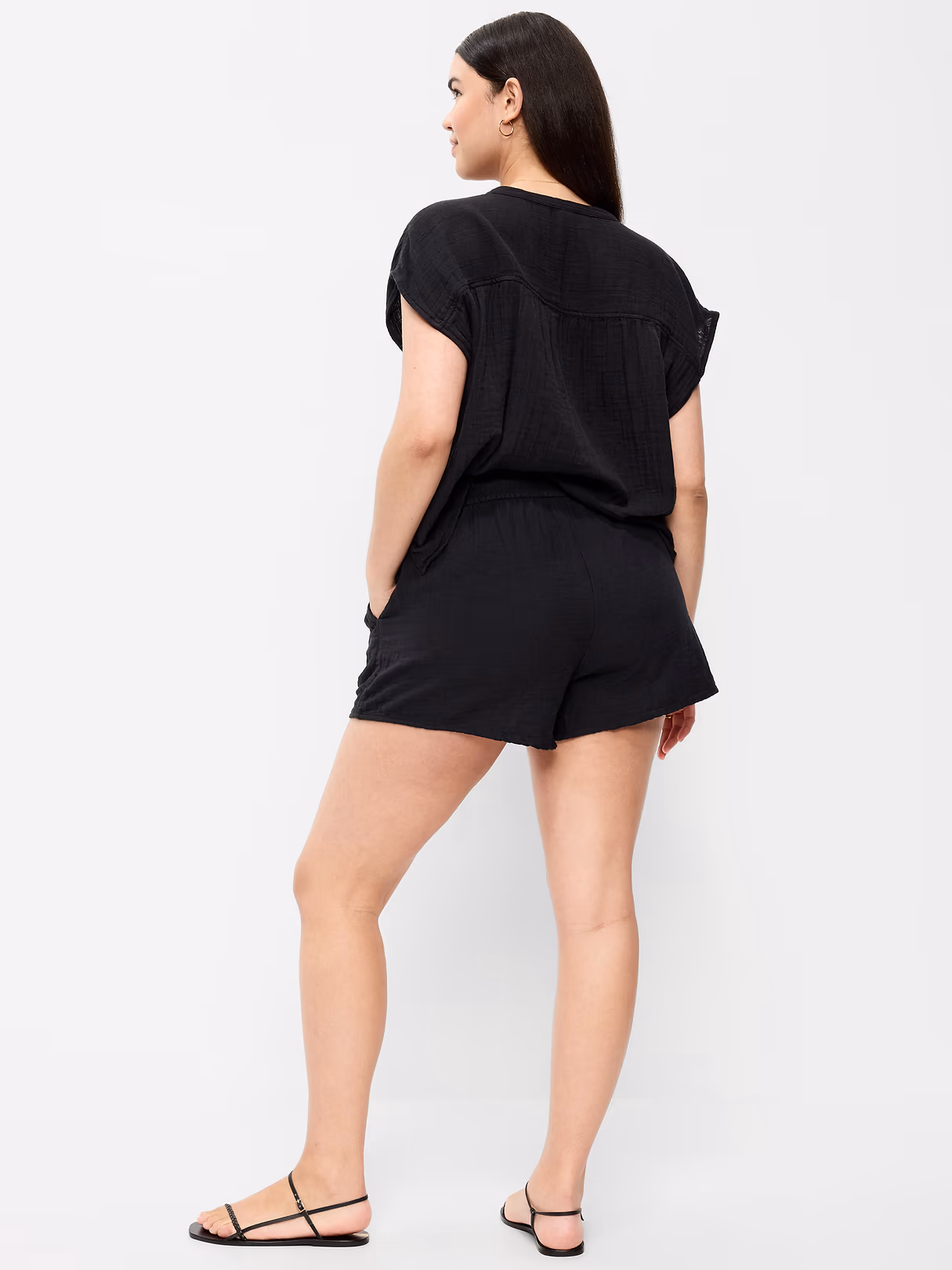 High-Waisted Crinkle Gauze Shorts - Black Jack