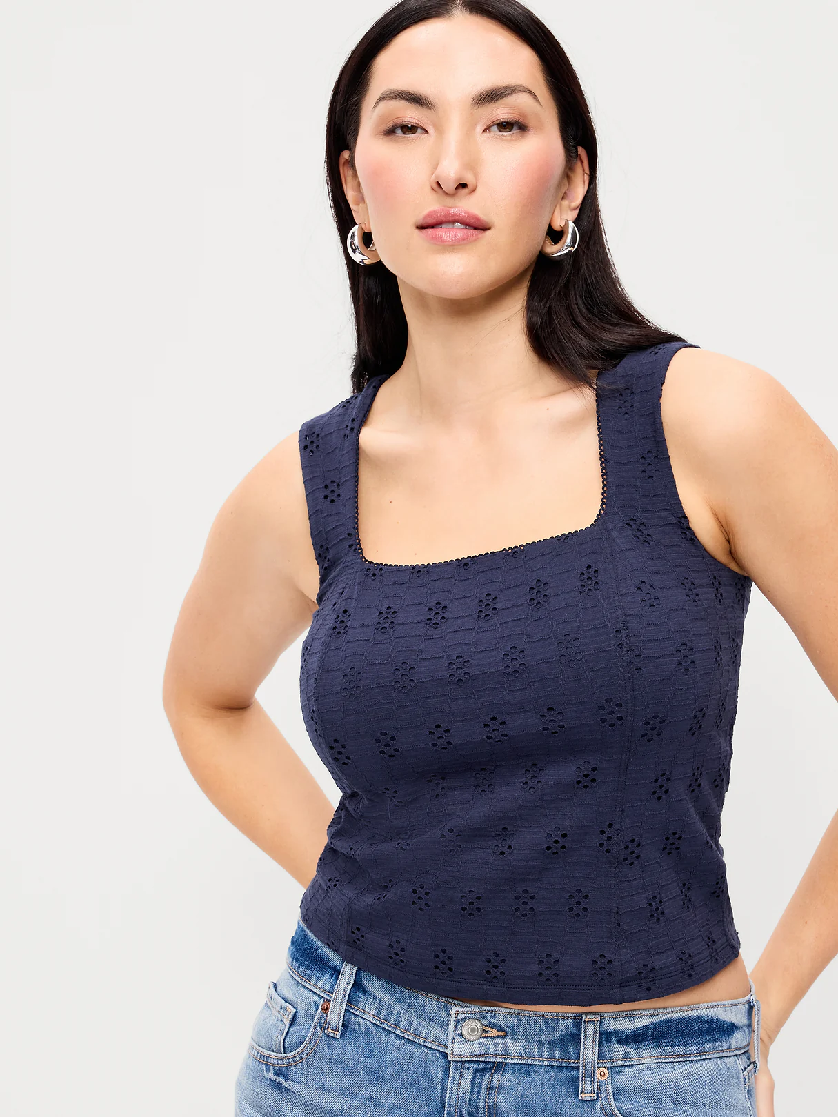 Seamed-Bodice Eyelet Tank Top - Arctic Depth