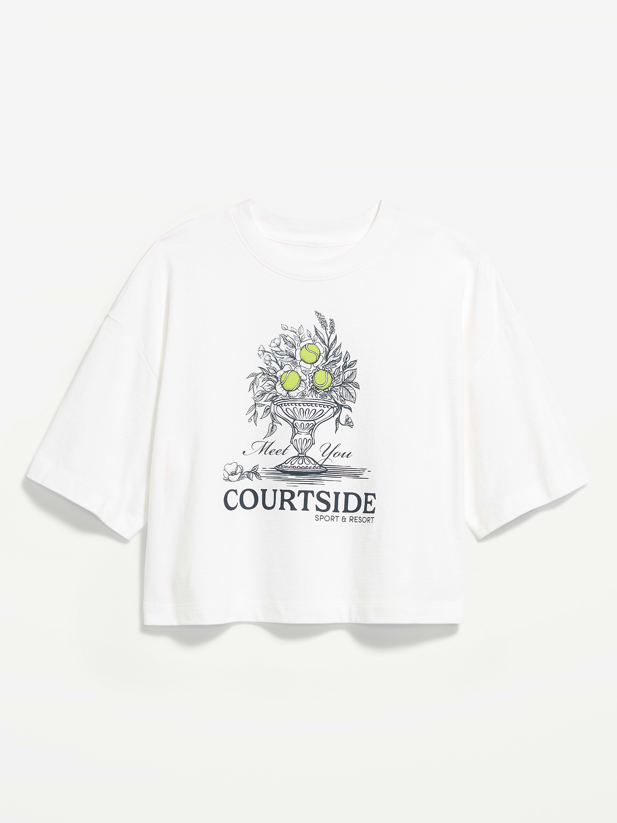 Vintage Crew-Neck Oversized Crop Graphic T-Shirt - White Lilies