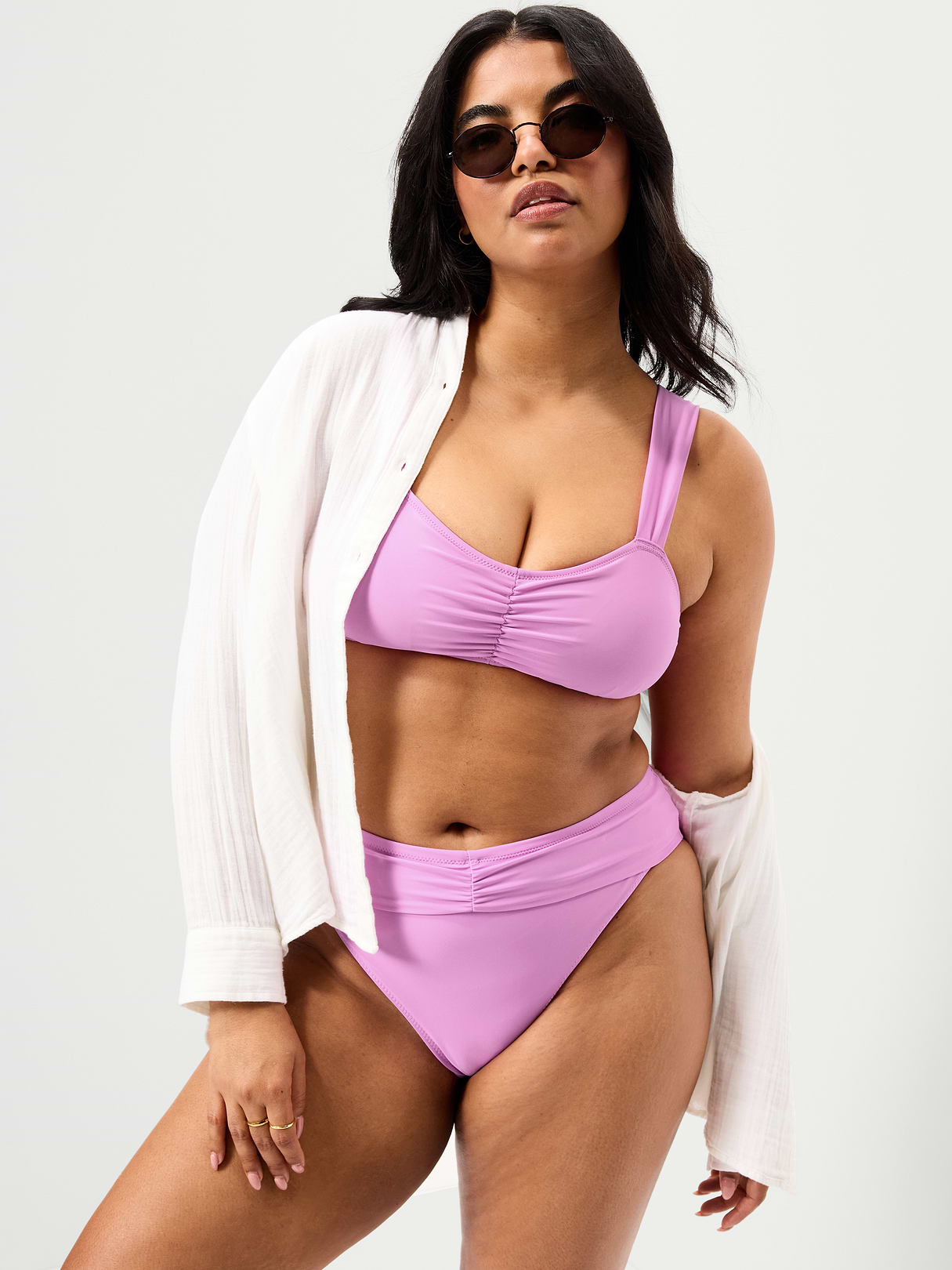 High-Waisted Cinched Bikini Swim Bottoms - Rock Rose