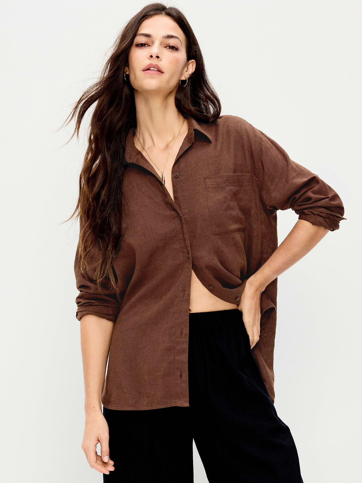Linen-Blend Loose Button-Down Shirt - Peppercorn