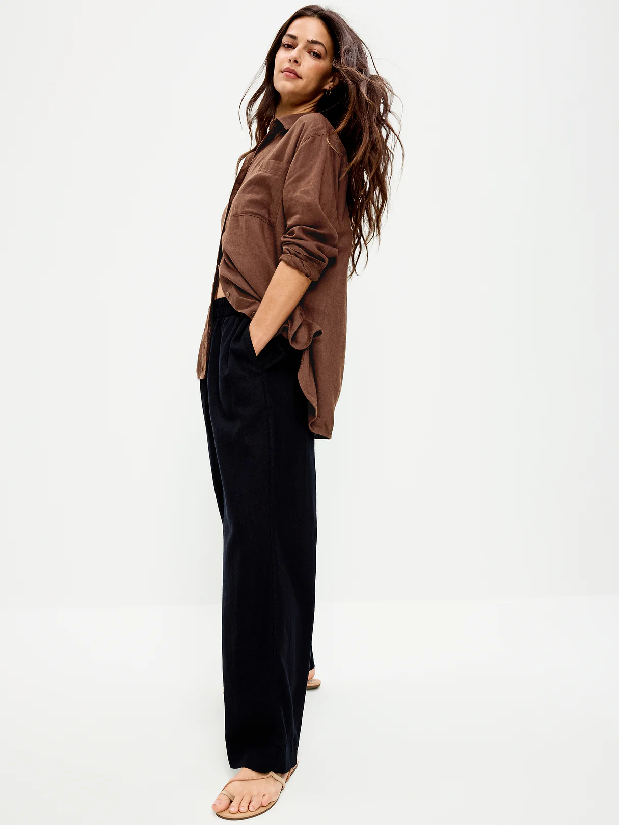 Linen-Blend Loose Button-Down Shirt - Peppercorn