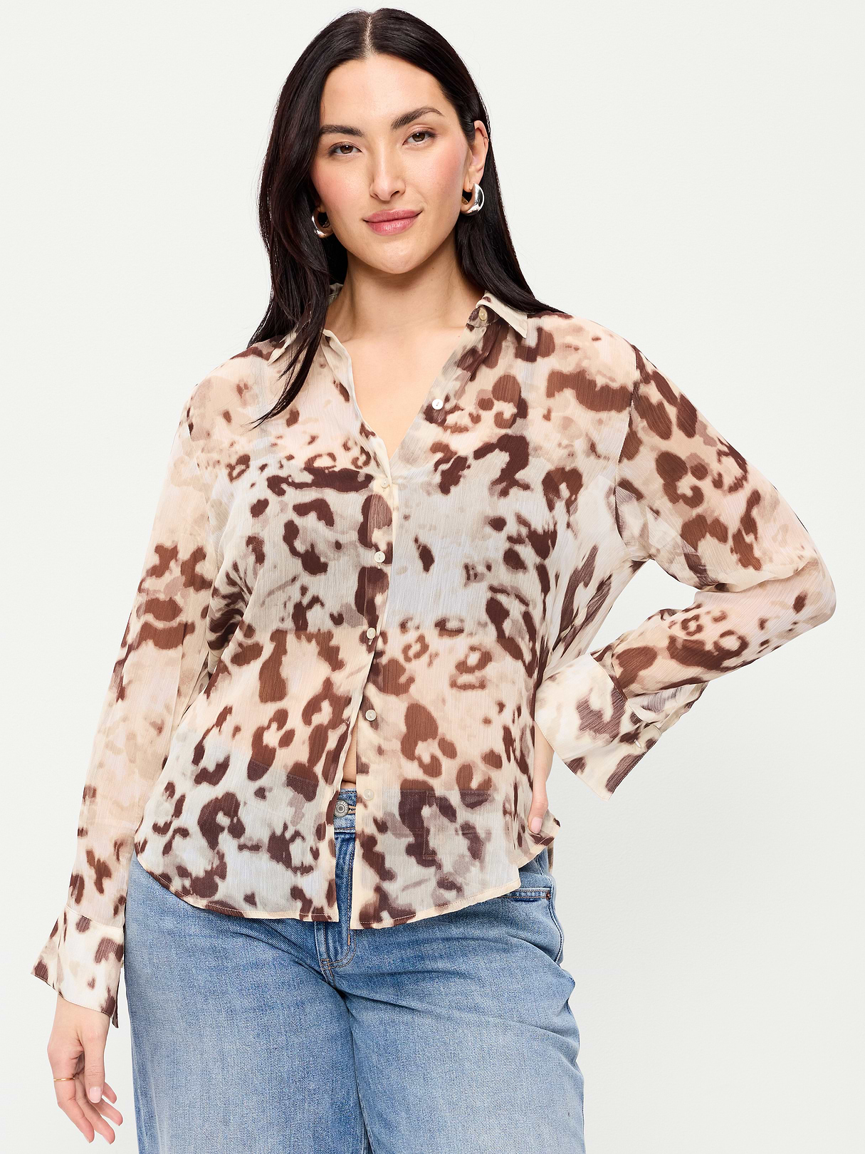 Chiffon Sheer Button-Down Shirt - Animal Print