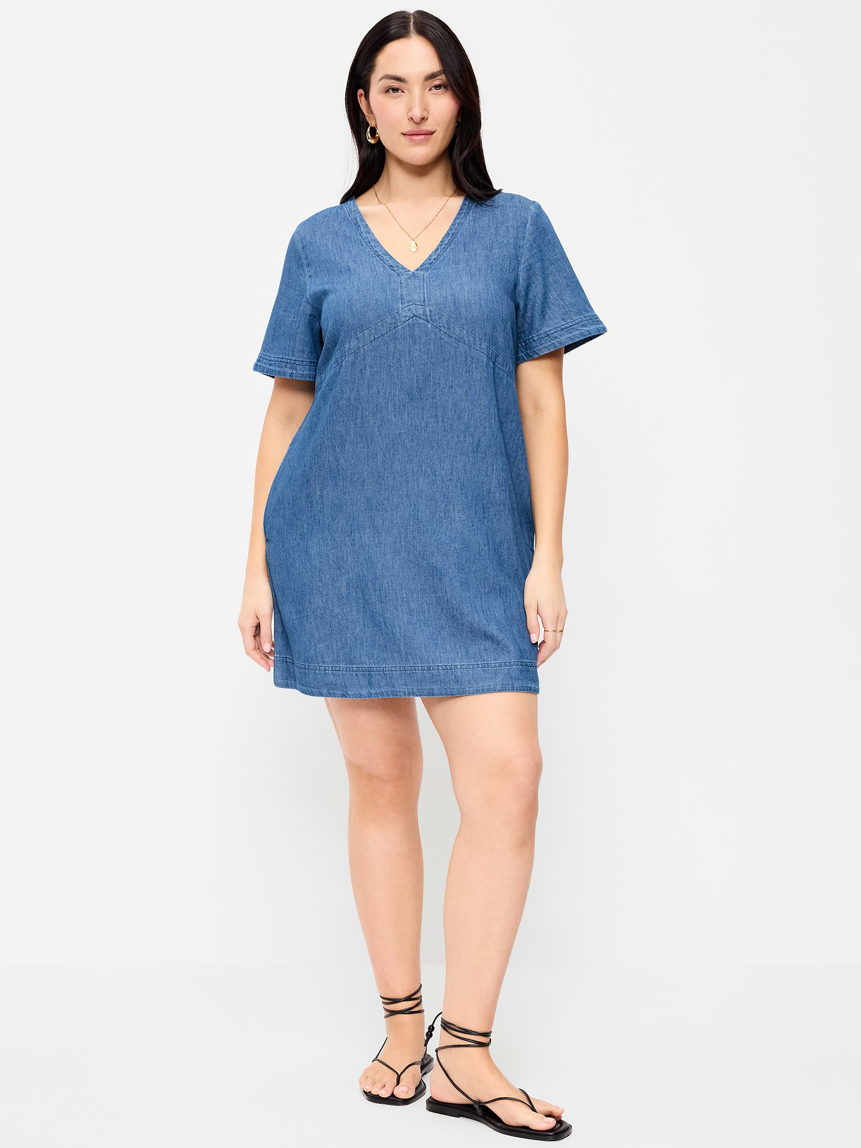 Short-Sleeve Linen-Blend Mini Shift Dress - Medium Wash