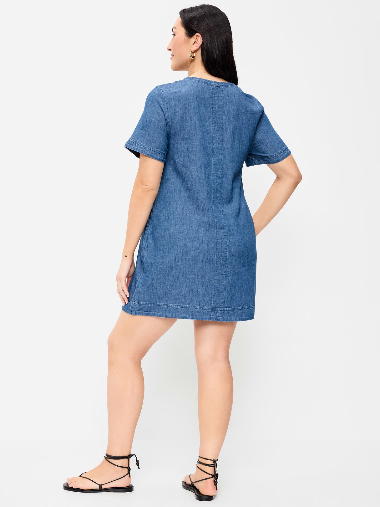 Short-Sleeve Linen-Blend Mini Shift Dress - Medium Wash