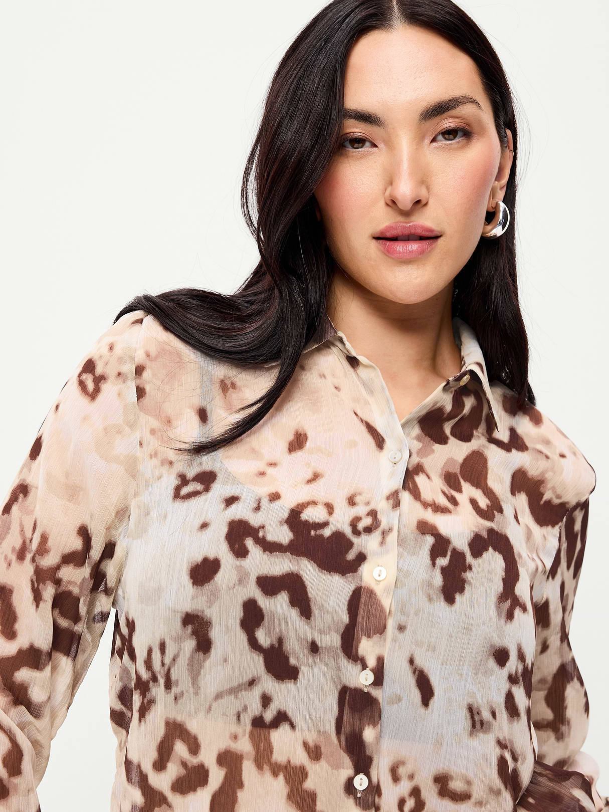 Chiffon Sheer Button-Down Shirt - Animal Print