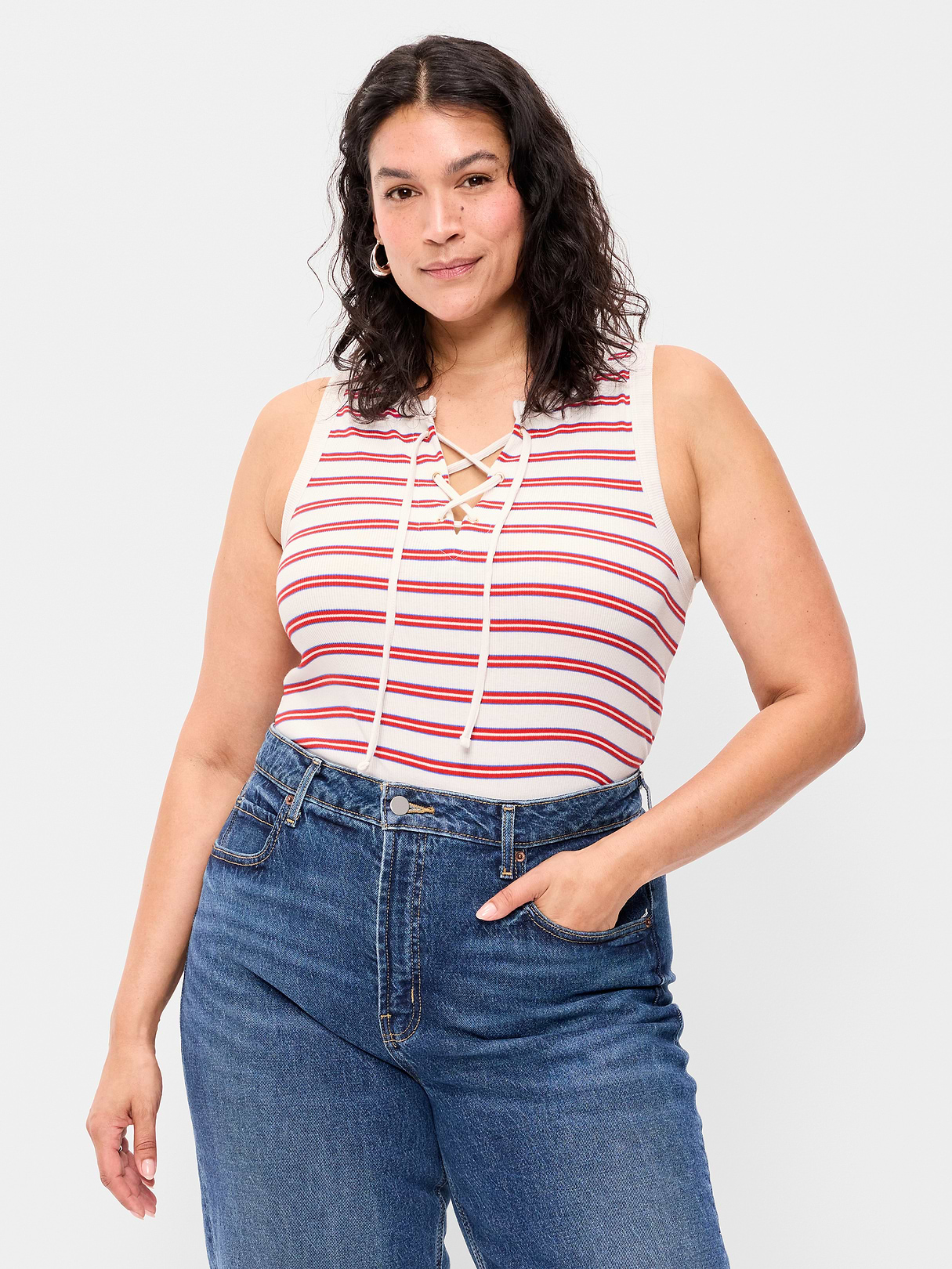 Lace-Up Tank Top - Red Blue Stripe