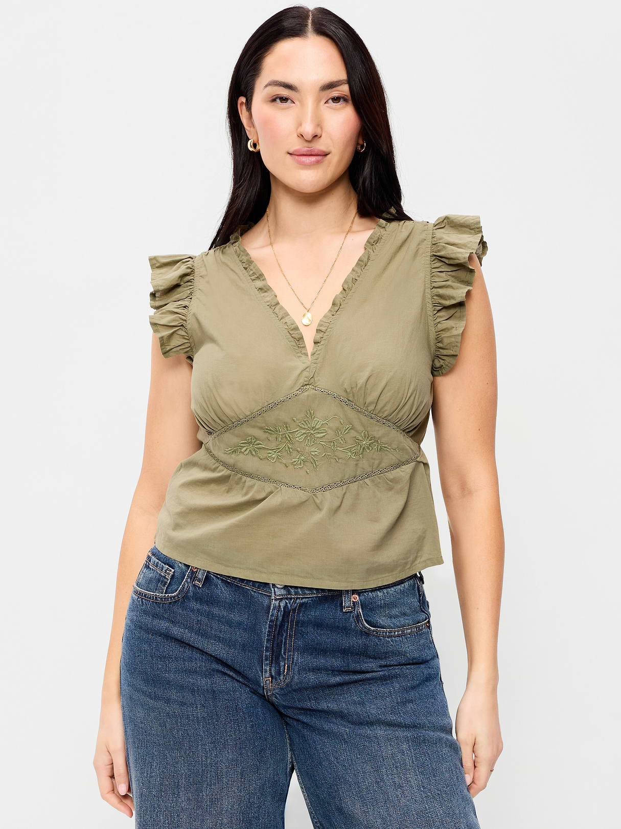 Flutter-Sleeve Embroidered Top - Bare Ground