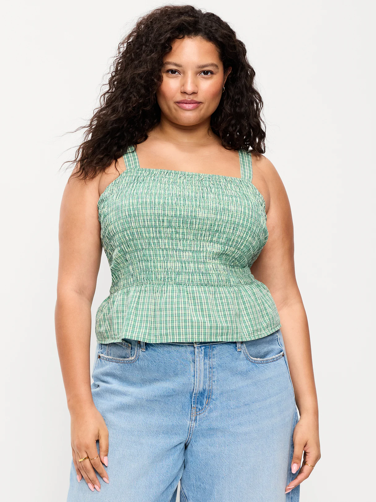 Smocked Peplum Tank Top - Green Gingham
