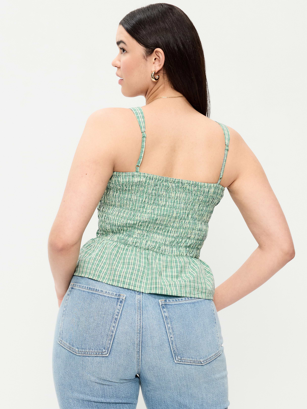 Smocked Peplum Tank Top - Green Gingham