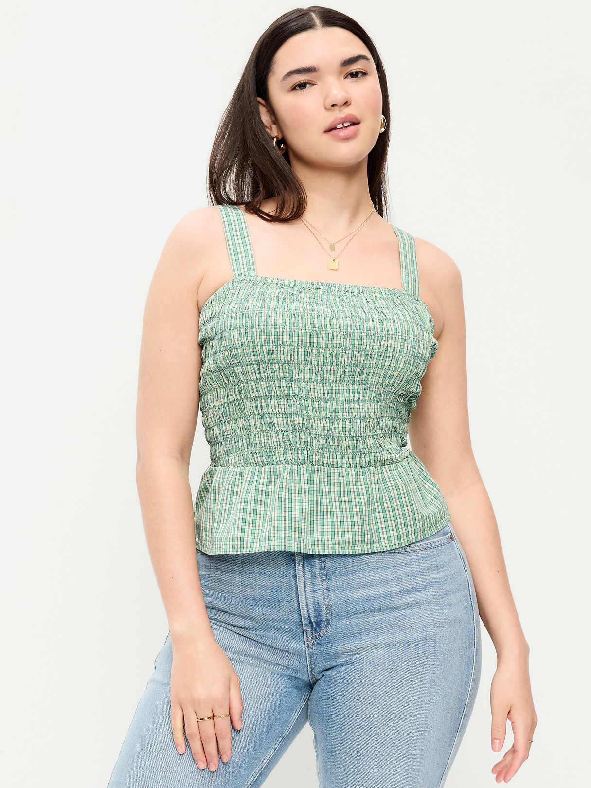 Smocked Peplum Tank Top - Green Gingham