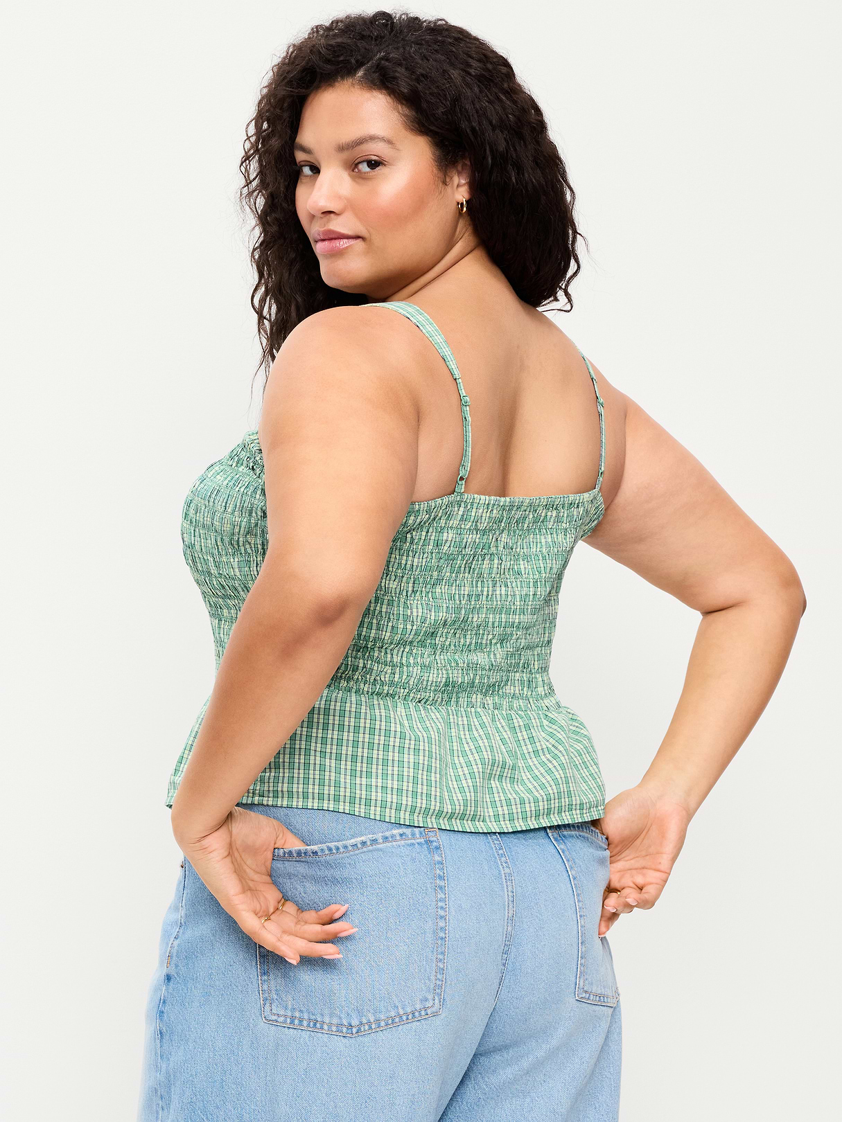 Smocked Peplum Tank Top - Green Gingham