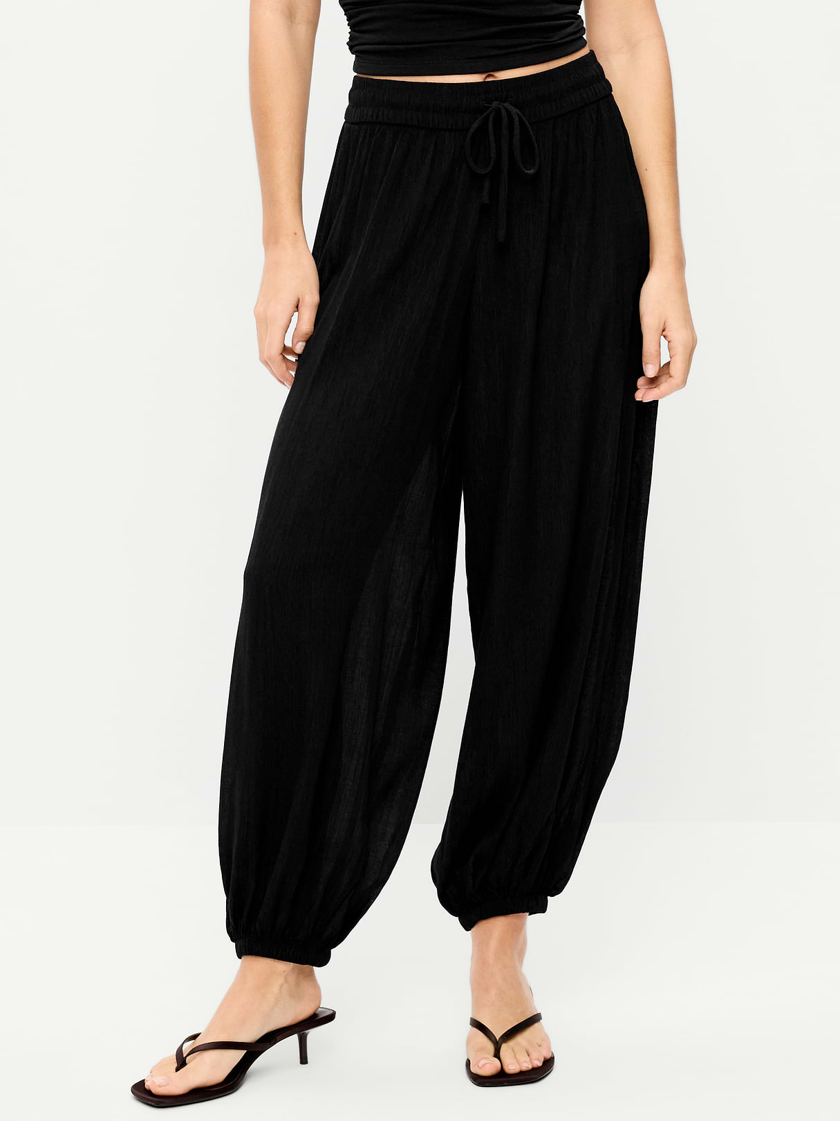 High-Waisted Sheer Crinkle Crepe Harem Pants - Black Jack