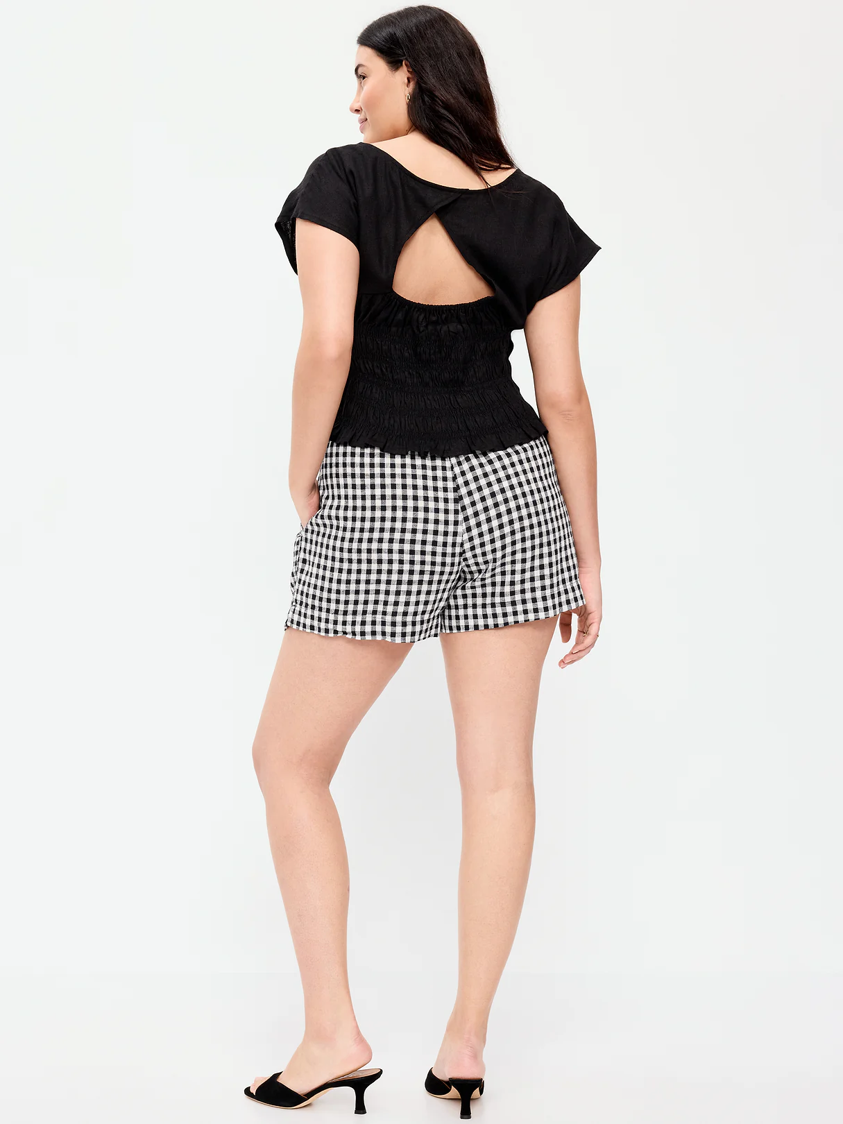 High-Waisted Beach Linen Pull-On Shorts - Navy Blue