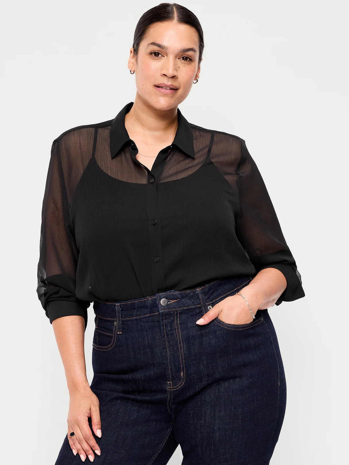 Chiffon Sheer Button-Down Shirt - Black Jack