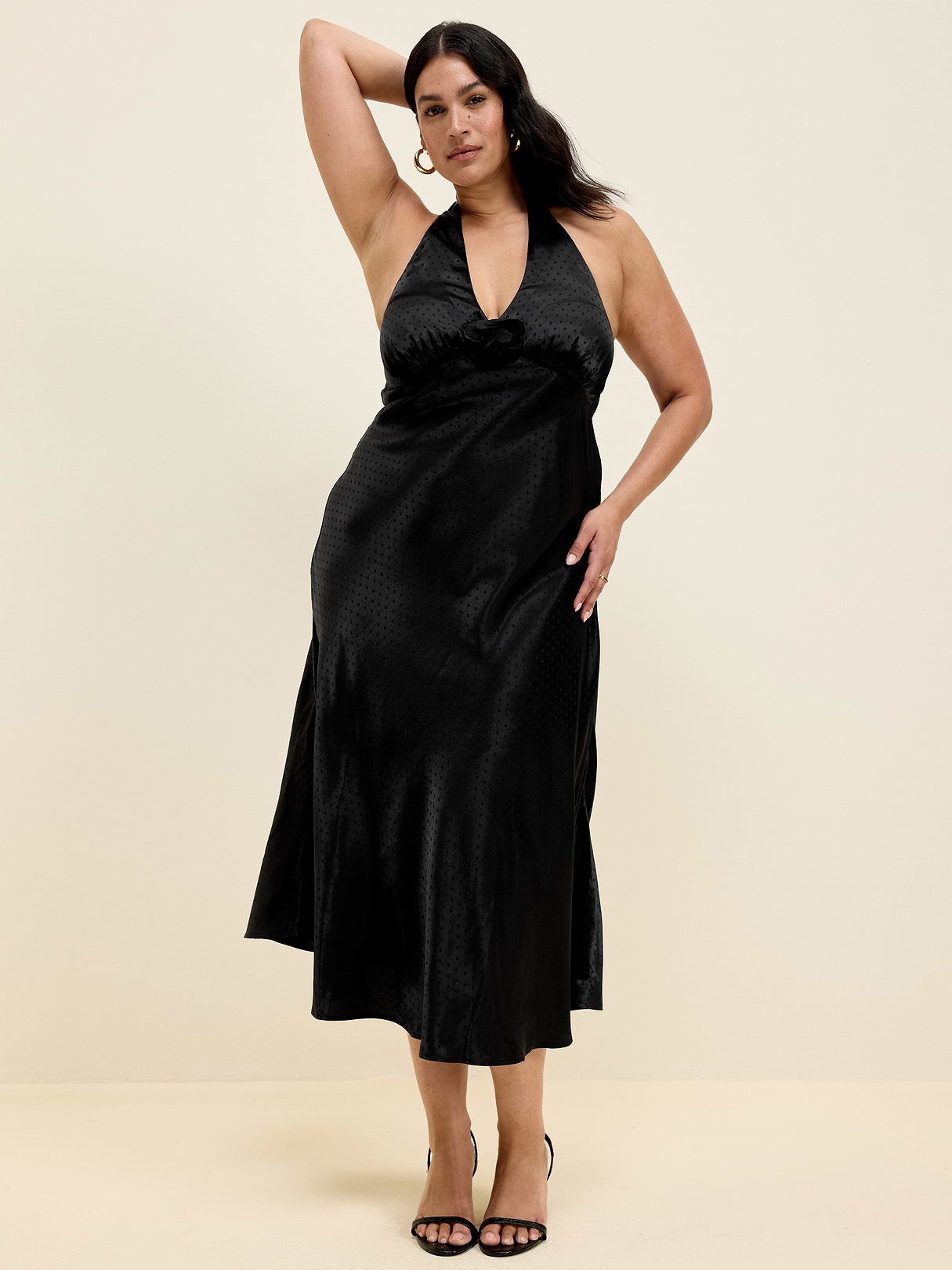 The Occasion by Old Navy Fit and Flare Satin Halter Midi Dress - Black Jack