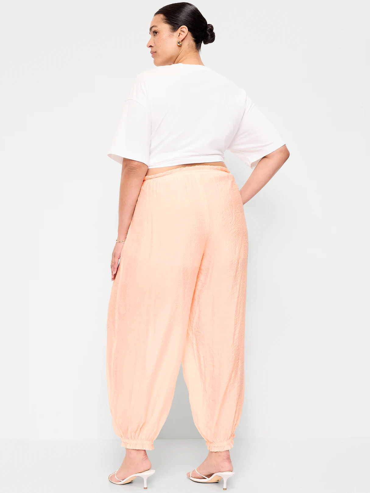 High-Waisted Sheer Chiffon Harem Pants - Peach Gelato