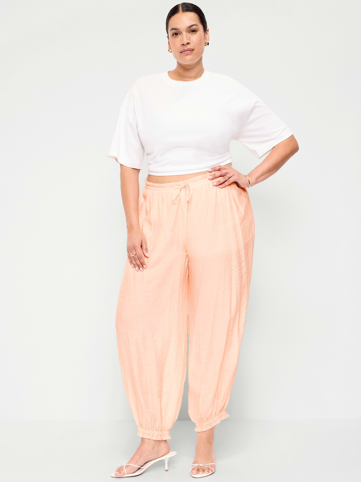 High-Waisted Sheer Chiffon Harem Pants - Peach Gelato