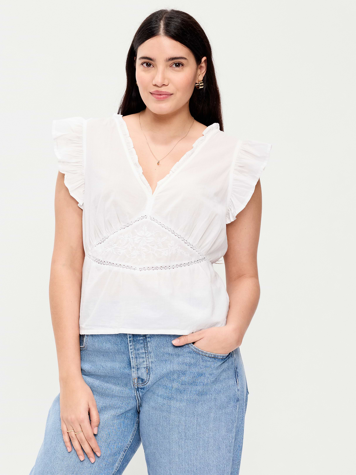 Flutter-Sleeve Embroidered Top - White Lilies
