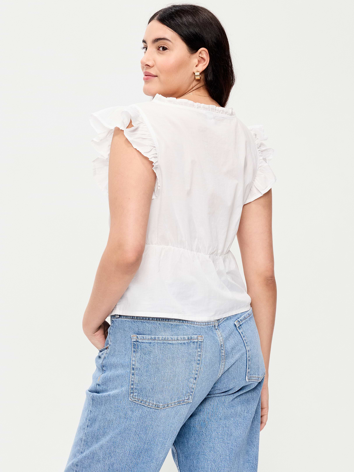 Flutter-Sleeve Embroidered Top - White Lilies