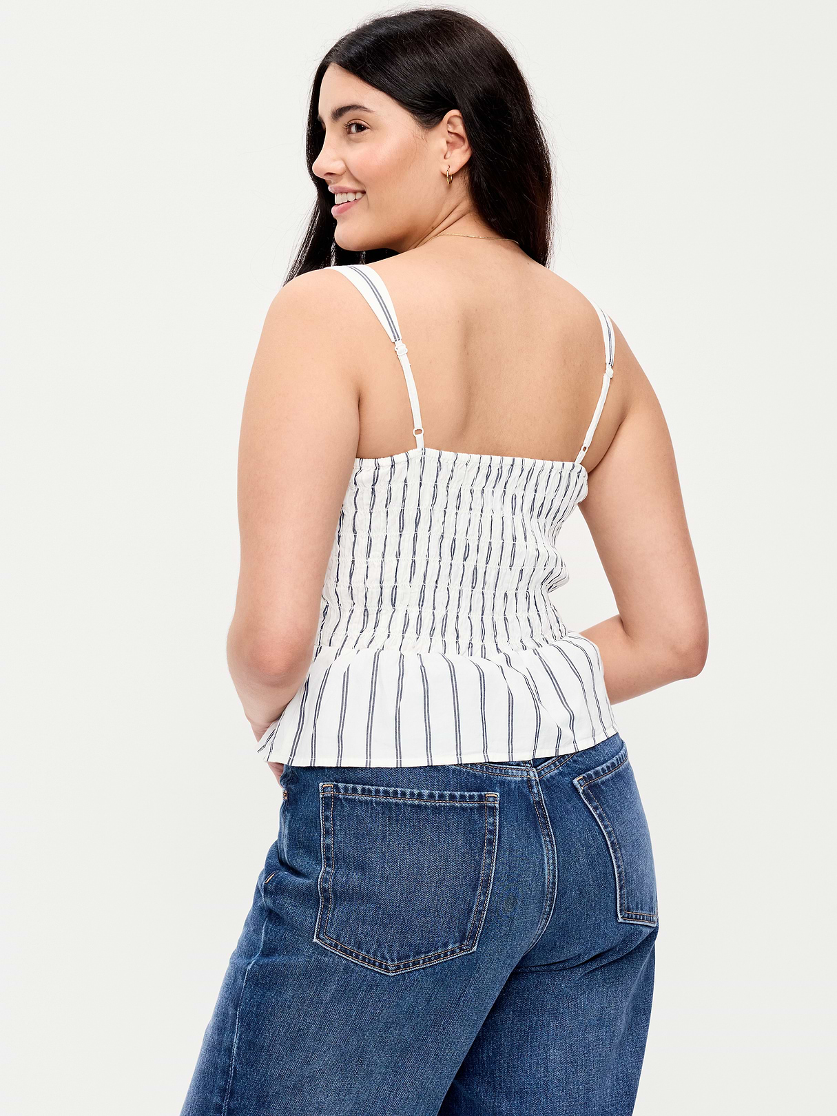 Smocked Peplum Tank Top - White Stripe