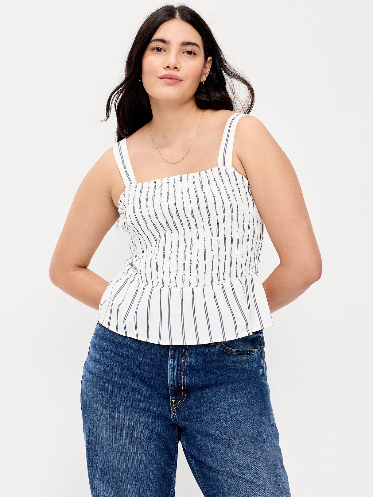 Smocked Peplum Tank Top - White Stripe