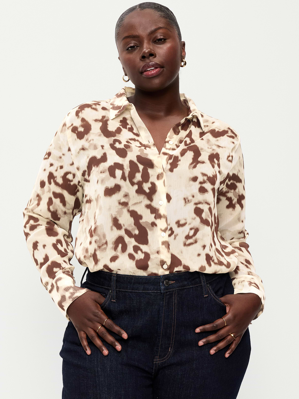 Chiffon Sheer Button-Down Shirt - Animal Print