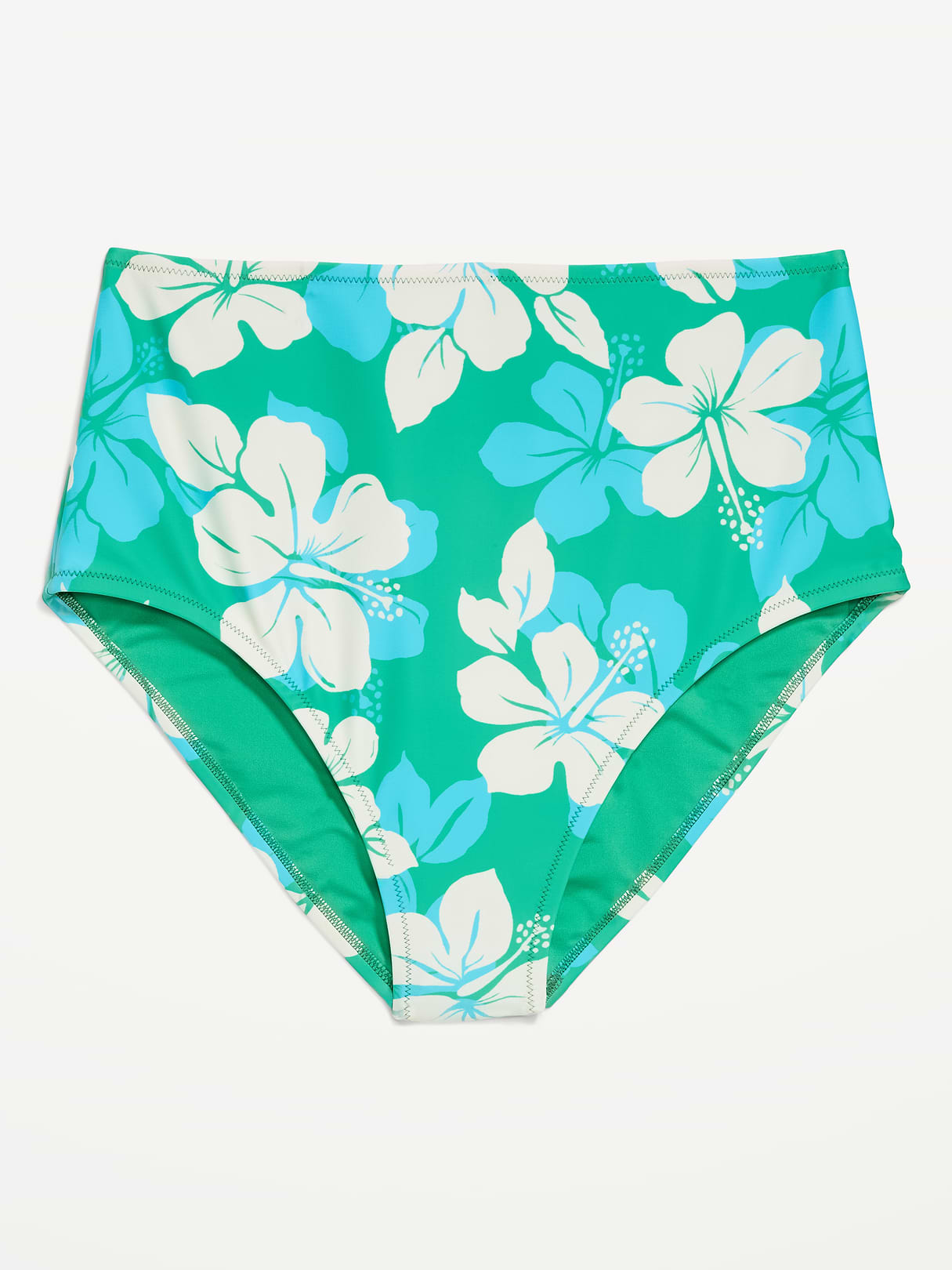 High-Waisted Ribbed Bikini Swim Bottoms - Cool Hibiscus