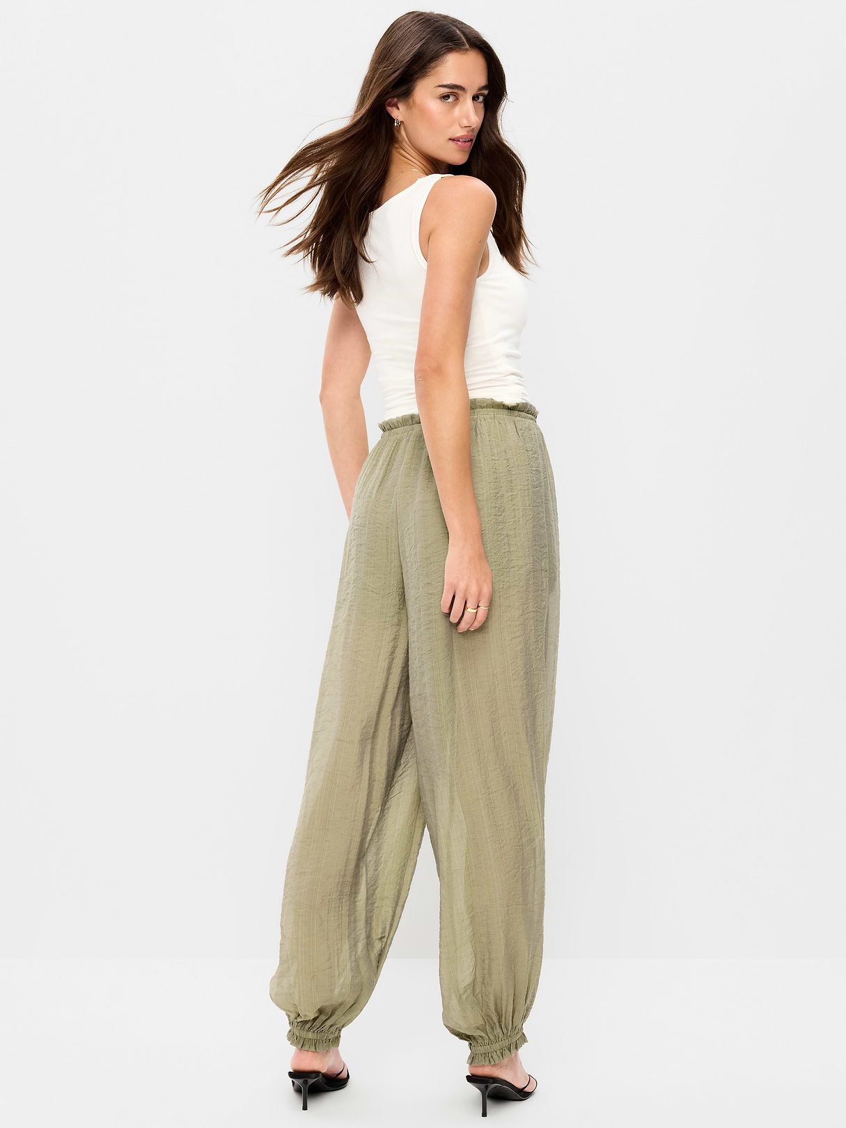 High-Waisted Sheer Chiffon Harem Pants - Dried Grasses