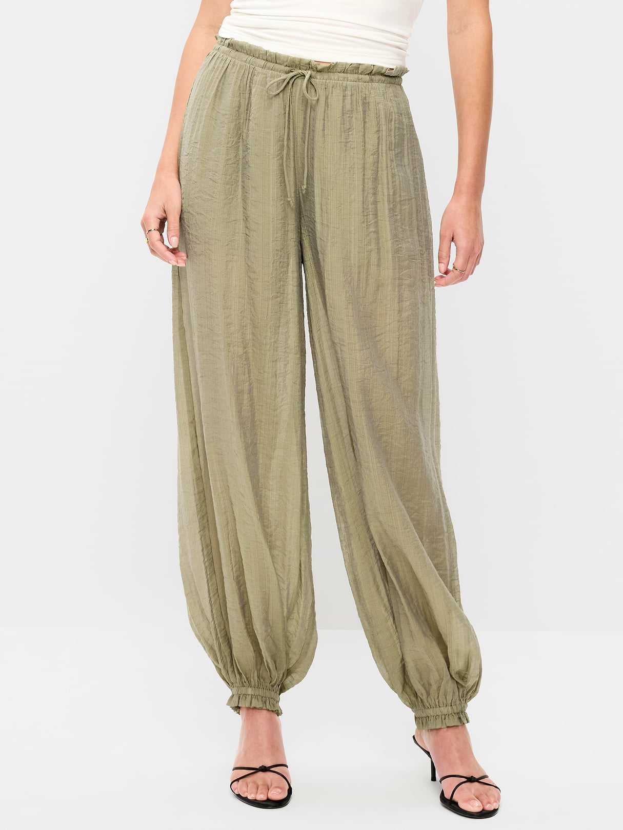 High-Waisted Sheer Chiffon Harem Pants - Dried Grasses