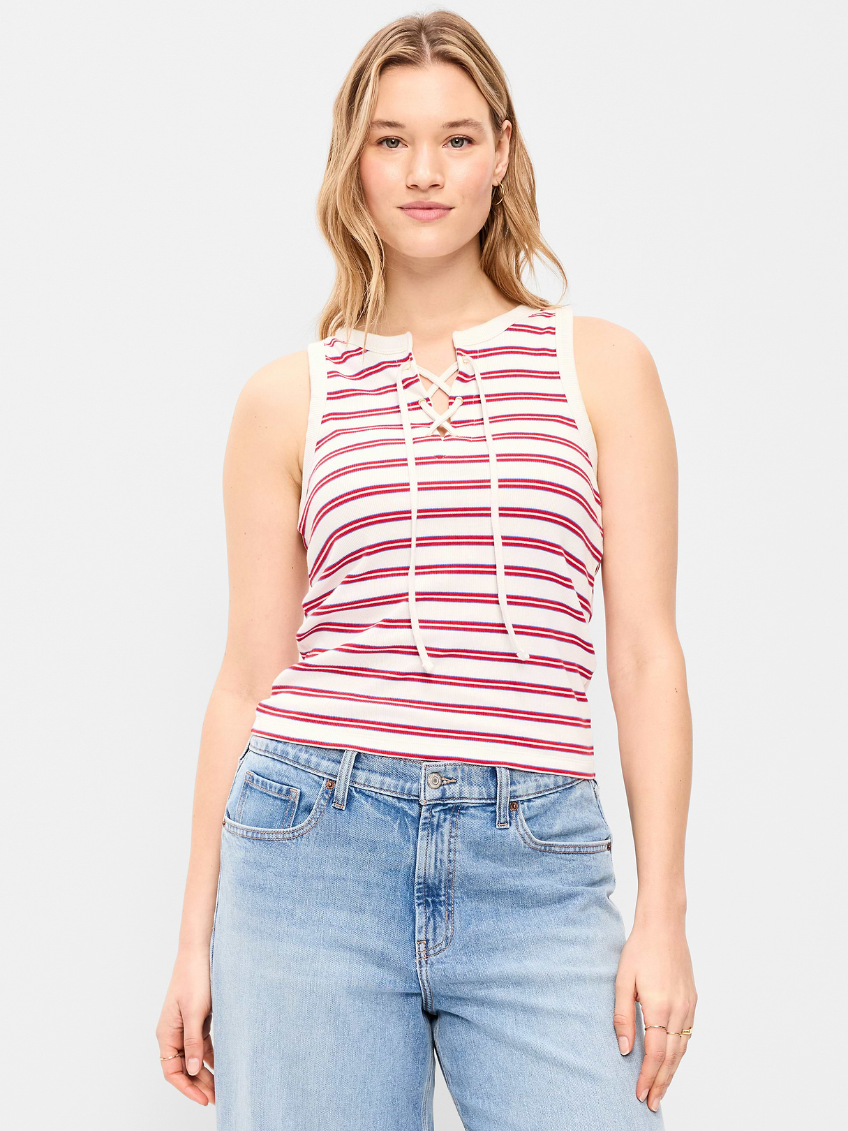 Lace-Up Tank Top - Red Blue Stripe