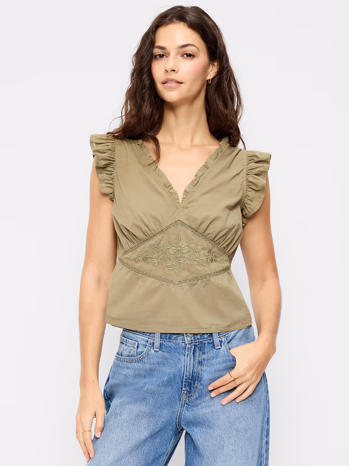 Flutter-Sleeve Embroidered Top - Bare Ground